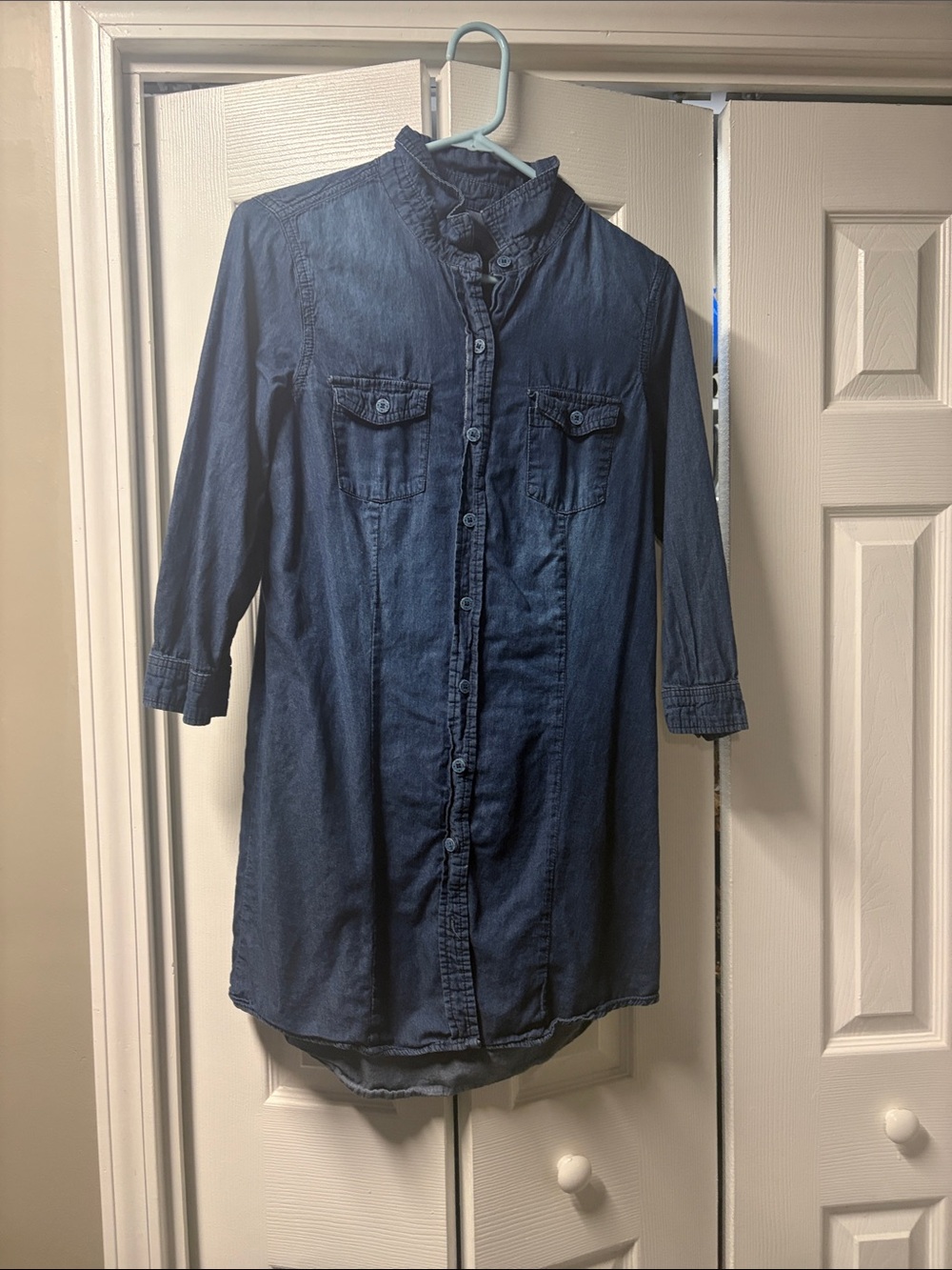 Denim Shirt Dress - Dark Blue Button-Up